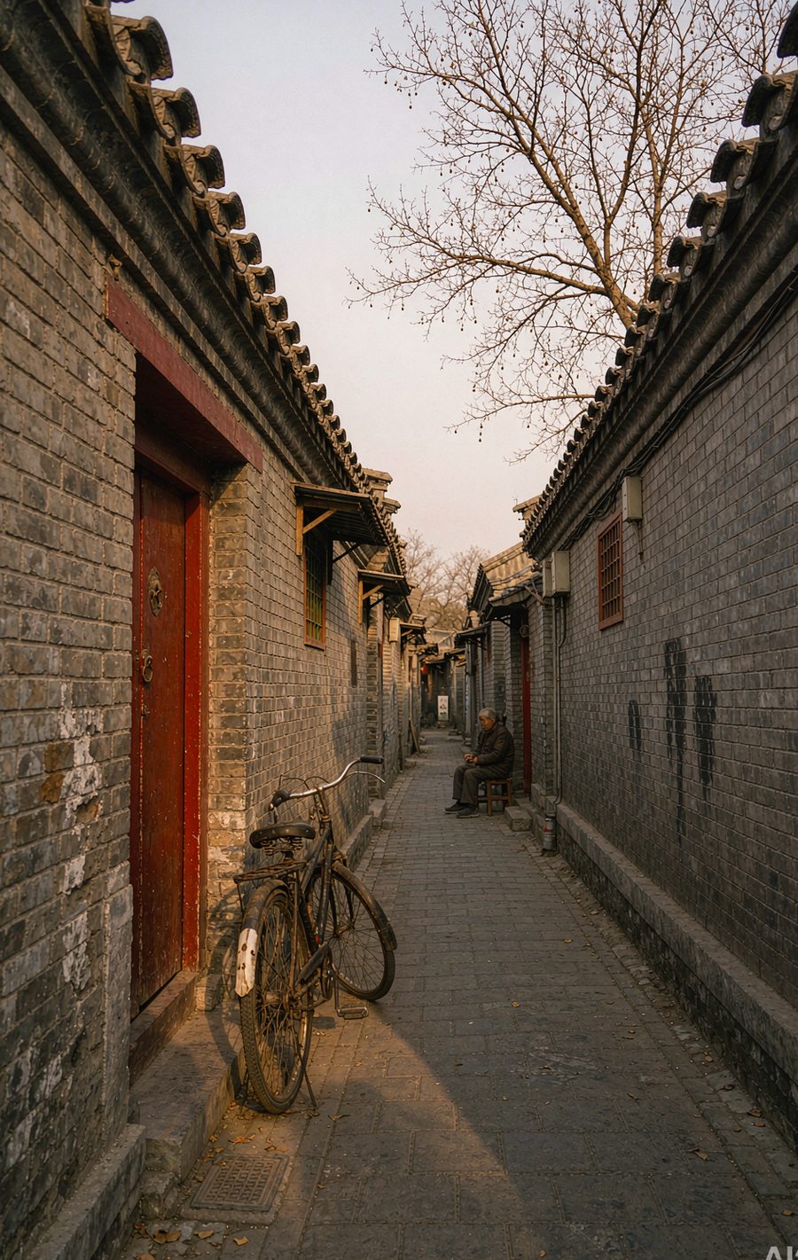 北京の胡同、夕方の路地