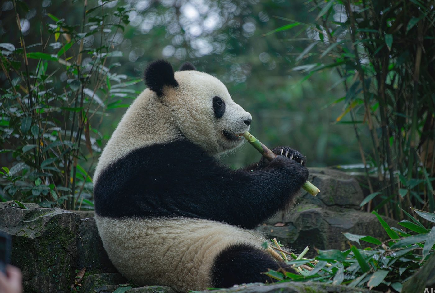 成都のパンダが竹を食べる